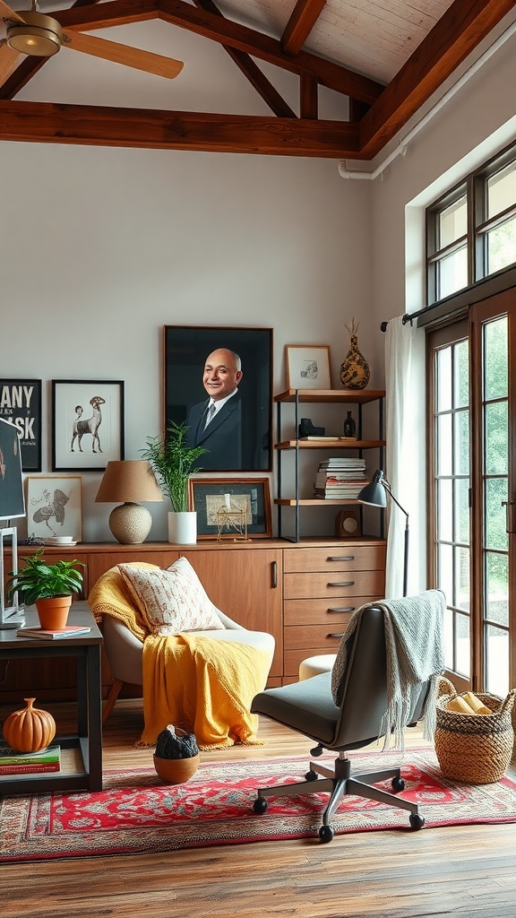 A cozy home office with wooden beams, a colorful rug, and stylish furniture, embodying the Urban Farmhouse style.
