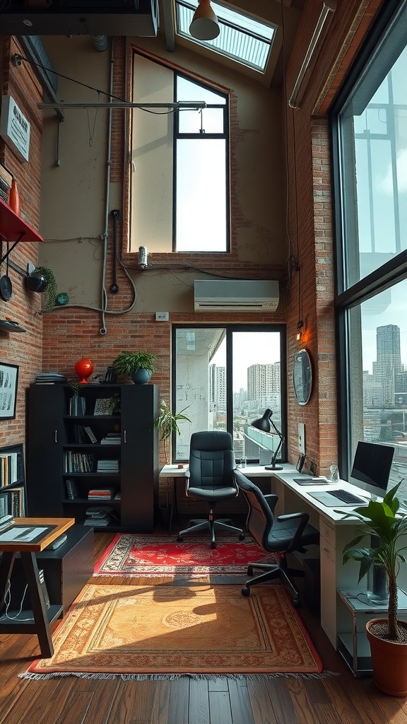 A modern urban loft home office with large windows, high ceilings, and stylish furniture.