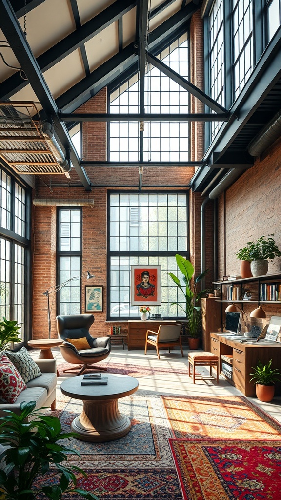 A spacious urban loft home office with high ceilings, large windows, exposed brick walls, and stylish furniture.