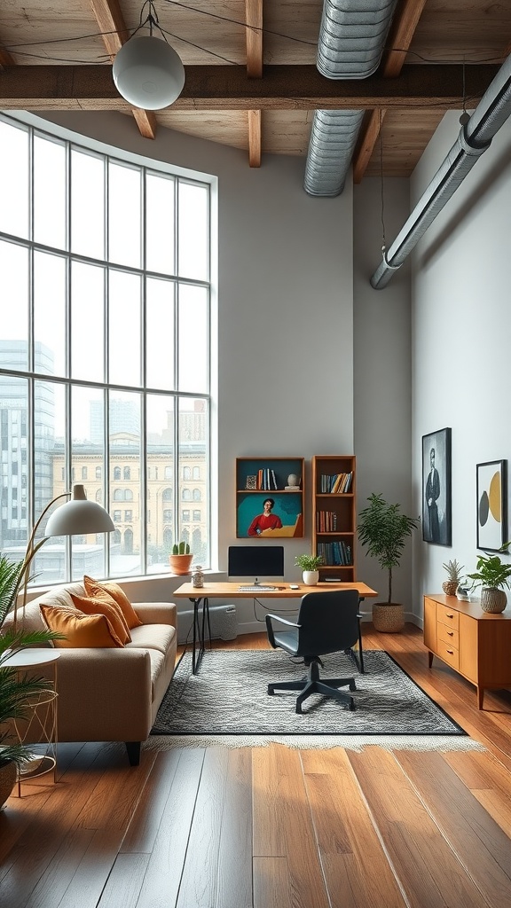 A stylish urban loft home office with large windows, wooden beams, and modern decor.