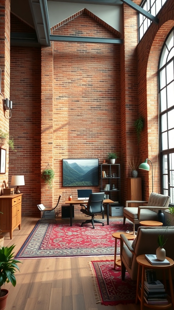 A rustic office featuring exposed red brick walls, modern furniture, and large windows.