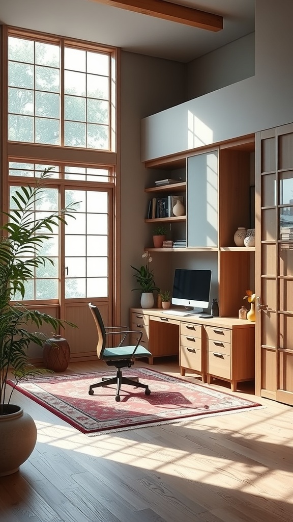 A serene home office with large windows, wooden beams, and a minimalist design featuring a desk, chair, and plants.