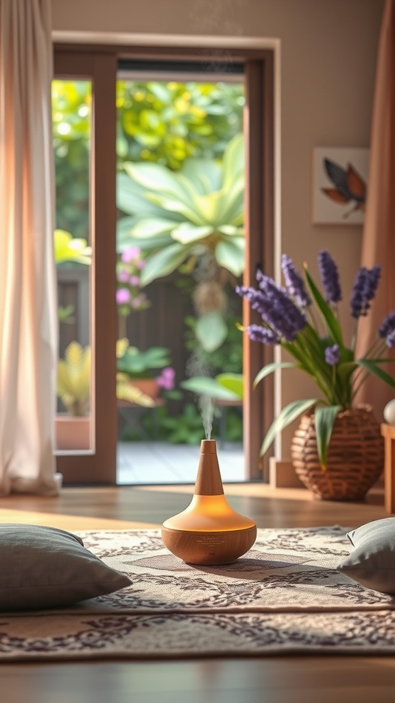 A cozy meditation corner featuring a diffuser emitting mist, surrounded by cushions and plants, with natural light coming through the window.
