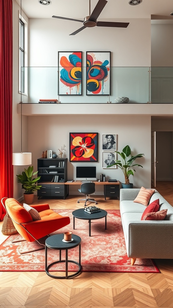 A stylish double height living room featuring a room divider separating a home office area, with colorful art and modern furniture.