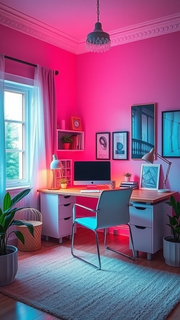 A vibrant home office with pink walls and blue lighting, featuring a desk, chair, and plants.