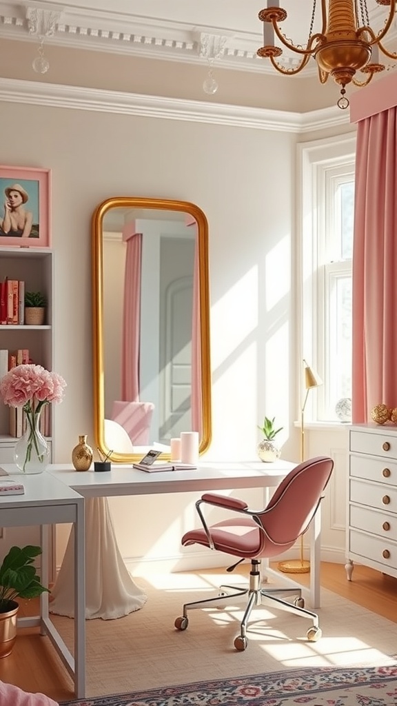 A stylish home office with a large mirror reflecting natural light, a pink chair, and a modern desk.