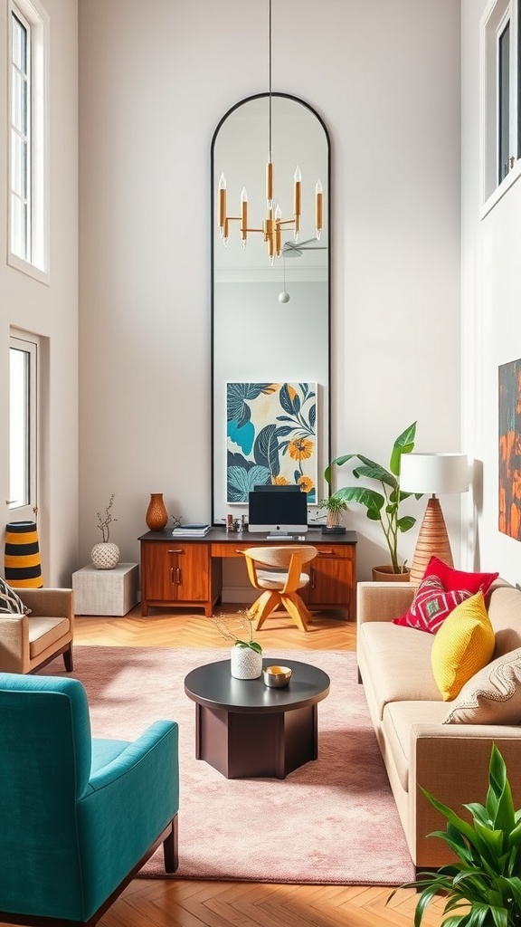 A stylish double height living room featuring a large mirror, modern furniture, and a home office setup.