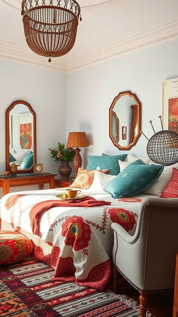 Cozy summer bedroom featuring mirrors, colorful decor, and a warm atmosphere.