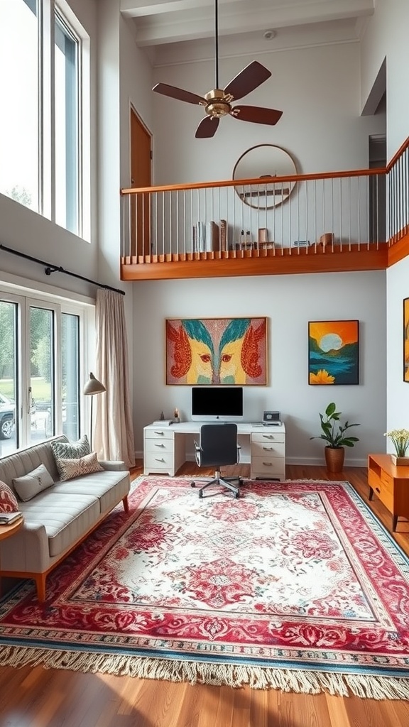 A cozy home office setup in a double height living room with a decorative rug.