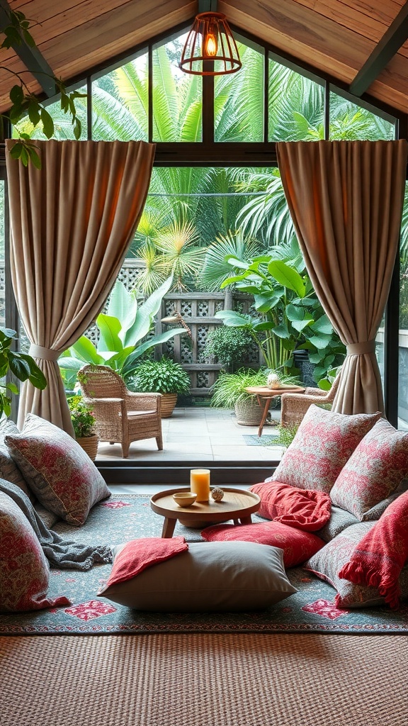 Cozy meditation corner with textured fabrics, cushions, and natural light
