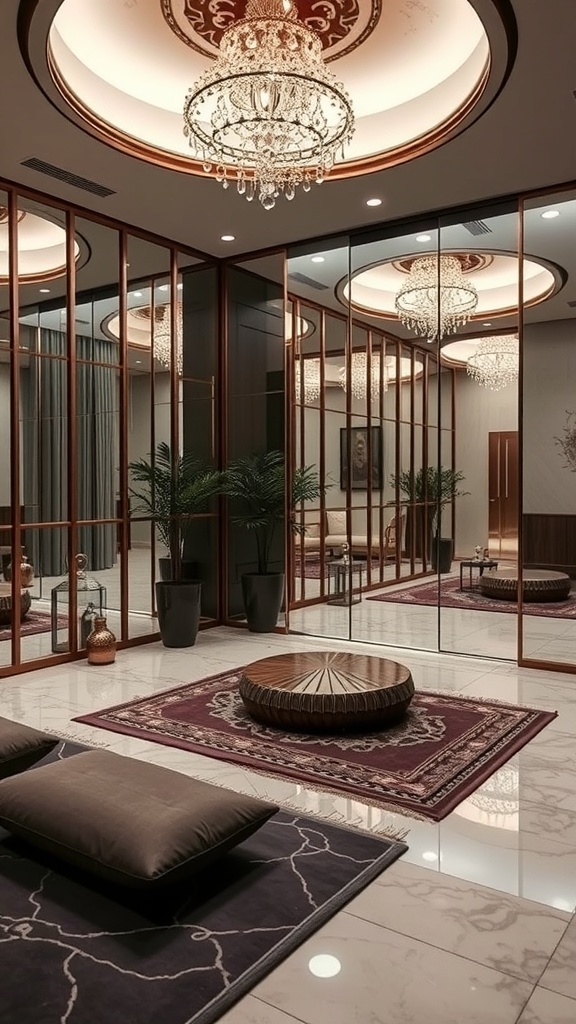 A serene meditation room featuring mirrors, plants, and natural light.