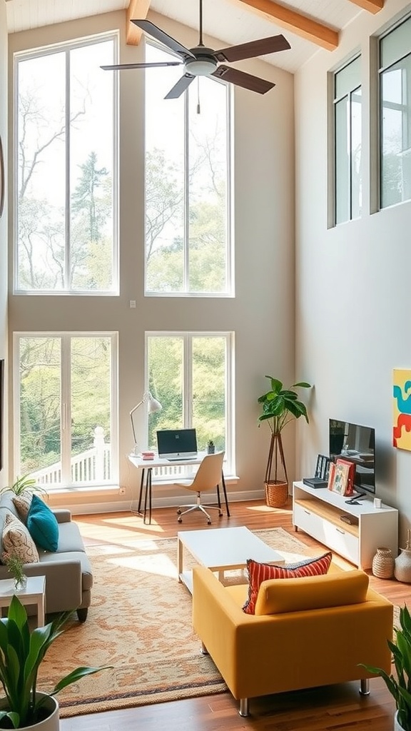 A bright and airy double height living room with large windows, a home office setup, and colorful furniture.