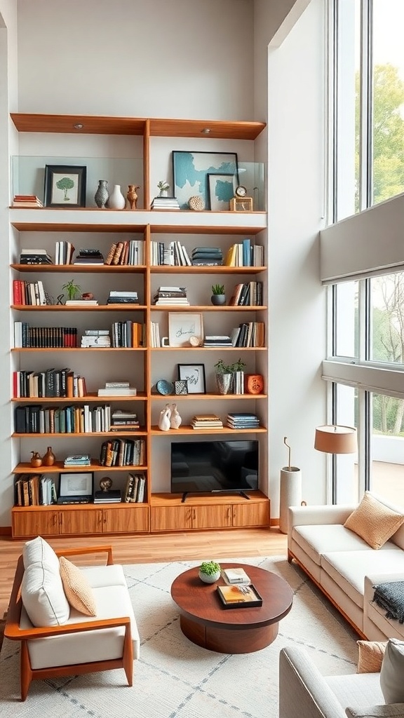 A stylish home office setup in a double height living room with a large bookshelf, desk, and modern decor.