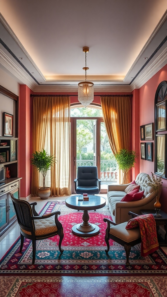 A stylish home office featuring large windows, warm colors, and comfortable seating, reflecting Vastu Shastra principles.