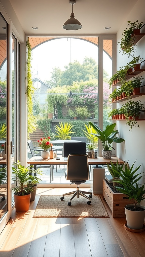 A bright home office with vertical gardens on wall-mounted shelves, featuring a desk and chair.