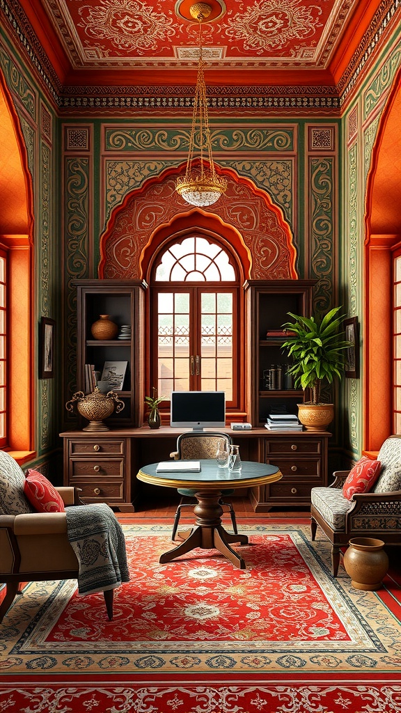 A vibrant home office inspired by Mughal architecture, featuring rich colors and intricate designs.