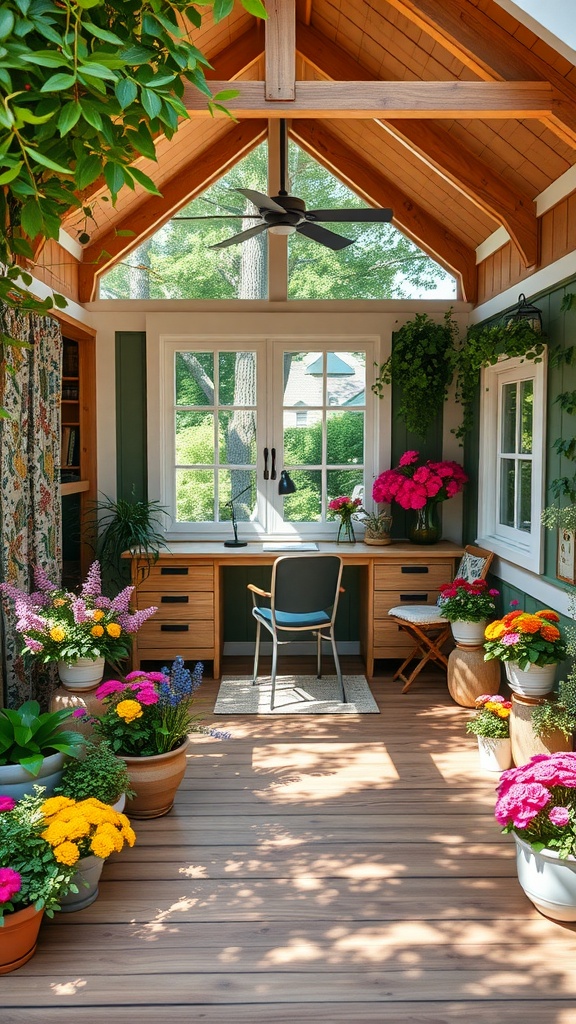 A cozy home office filled with colorful flowers and natural light, featuring a wooden desk and a comfortable chair.