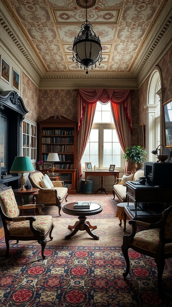 A Victorian-style home office featuring ornate furniture, intricate ceiling designs, and warm lighting.