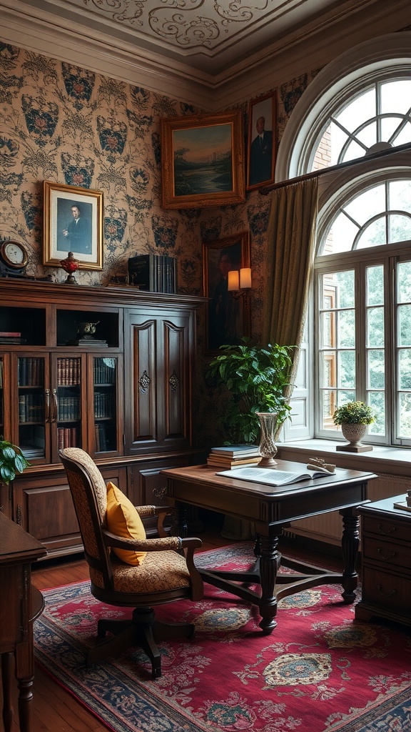 A Victorian style home office featuring rich wooden furniture, floral wallpaper, and large windows.