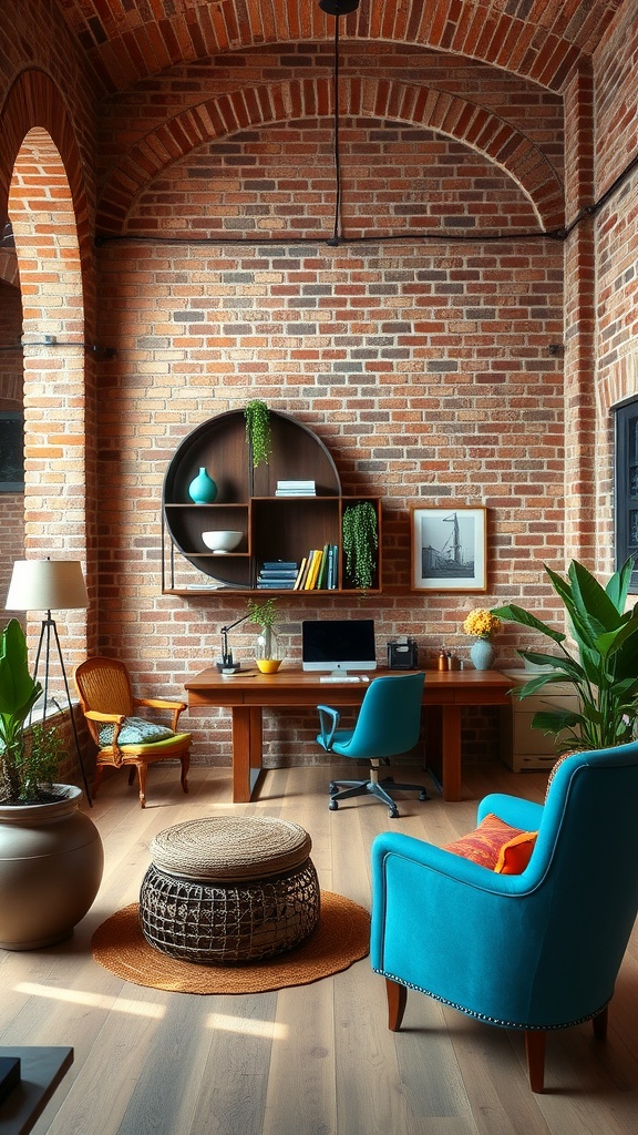 A cozy home office featuring vintage brick walls, modern furniture, and colorful accents.