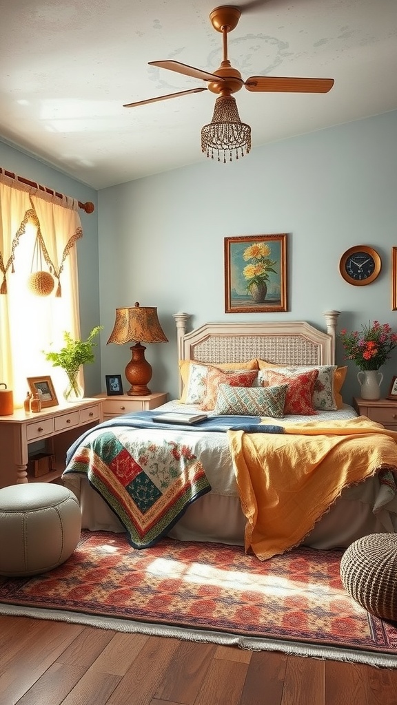 A cozy summer bedroom with vintage decor elements, featuring colorful quilts, wooden furniture, and natural light.