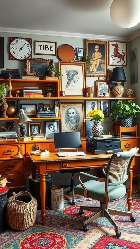 A cozy vintage eclectic home office featuring plants, a wooden desk, and colorful decor.