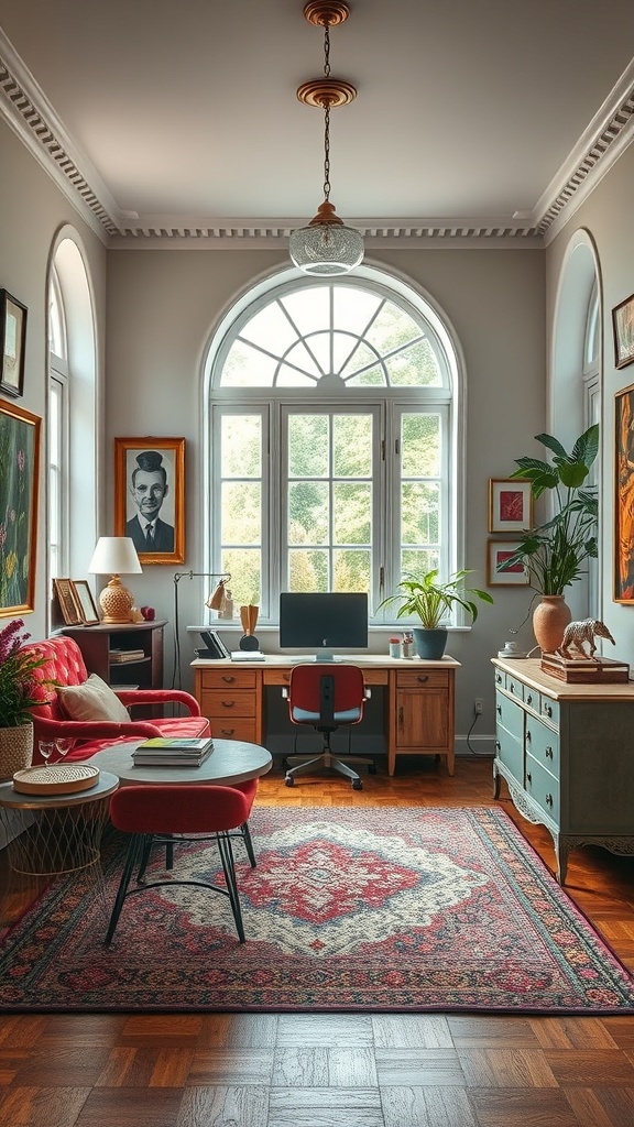 A vintage eclectic home office corner featuring large windows, a red sofa, wooden desk, and colorful rug.