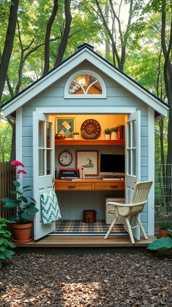 A vintage garden shed office with light blue siding, large windows, and a cozy interior featuring a desk and chair surrounded by greenery.