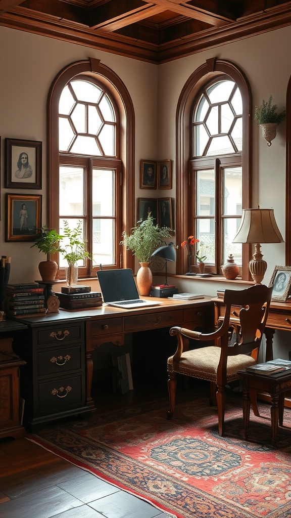 A vintage home office with wooden furniture, large windows, and decorative plants.