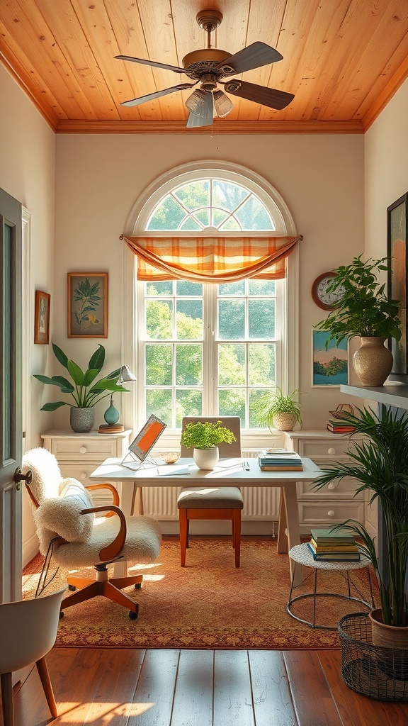 A cozy home office with vintage decor, featuring a wooden ceiling, large window, and potted plants.