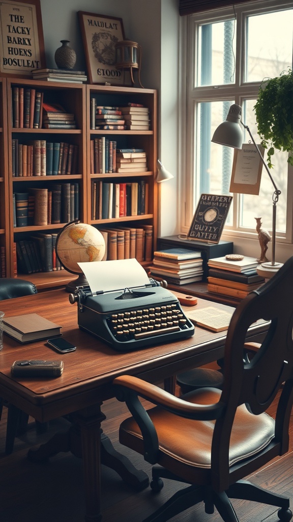 A vintage typewriter on a wooden desk surrounded by bookshelves filled with books and a globe.