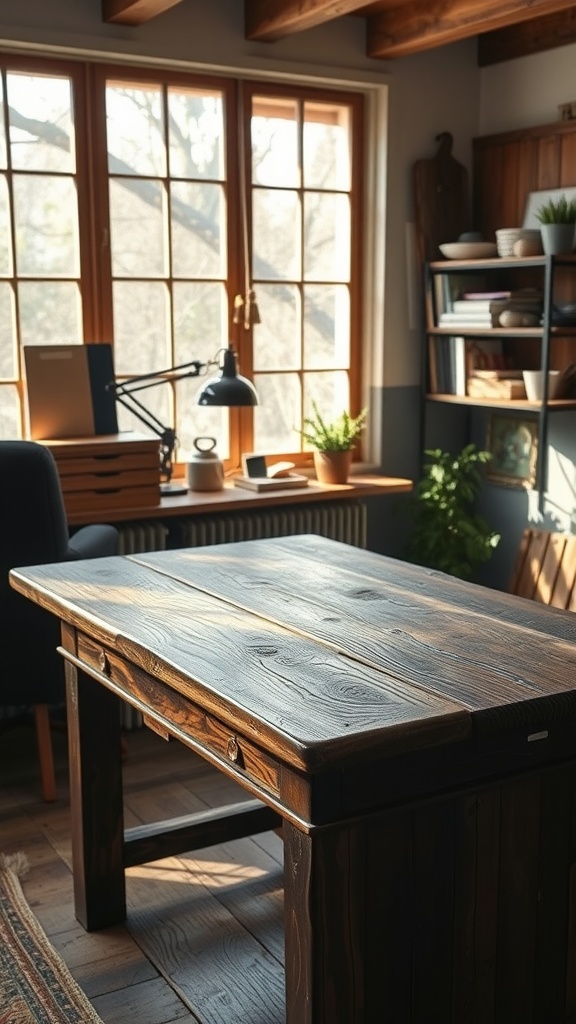 A vintage wood desk with natural grain, surrounded by plants and light-filled windows in a cozy office setting.