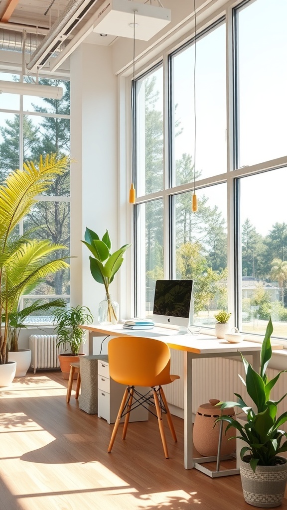 A bright home office with large windows, a cozy chair, and a desk, surrounded by greenery.