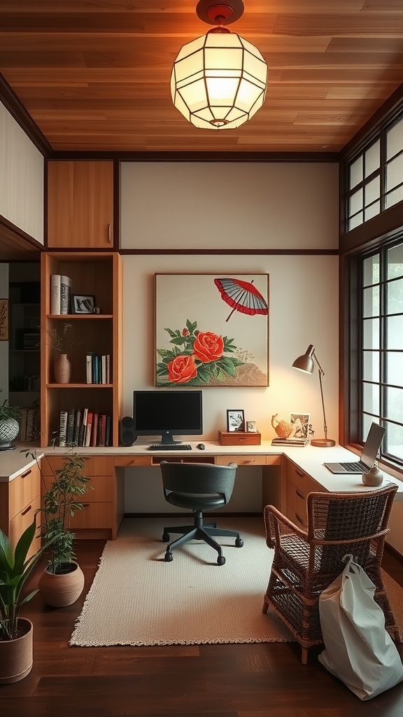A cozy home office inspired by wabi-sabi design, featuring wooden furniture, plants, and natural light.