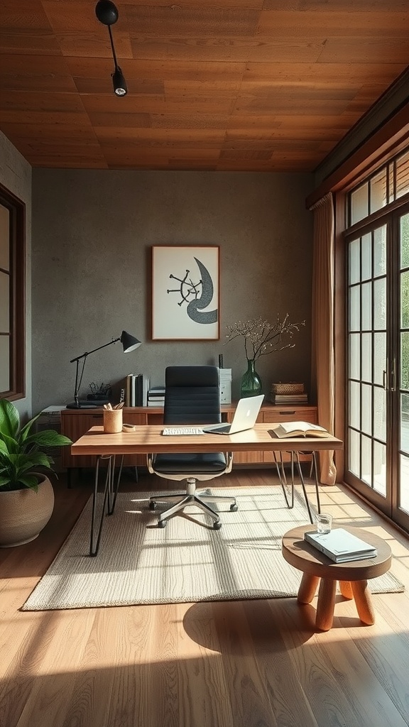 A serene home office with large windows, wooden furniture, and a calming color palette, embodying Wabi-Sabi philosophy.