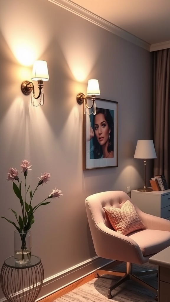 Cozy home office corner with wall sconces, a pink chair, and decorative elements.