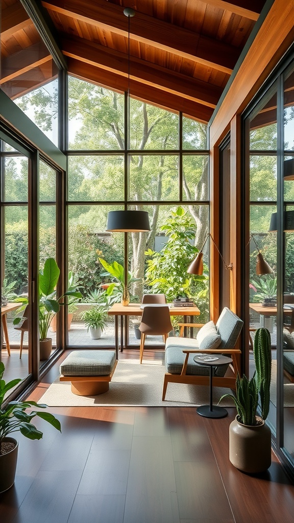 A bright home office with large windows, wooden beams, and indoor plants.