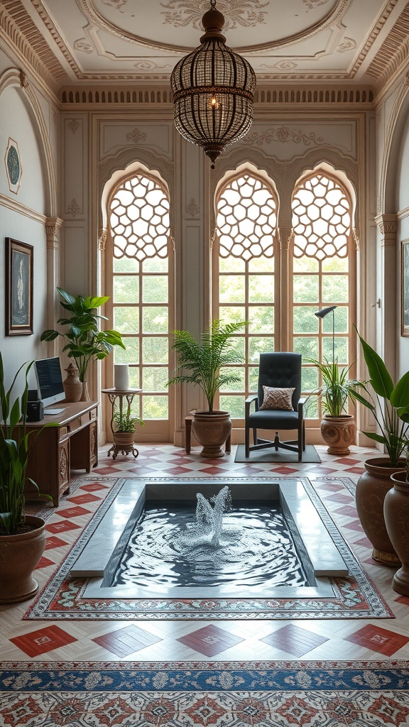 A serene home office with a central fountain, Mughal architecture motifs, and lush plants.