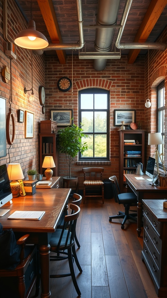 A rustic office featuring weathered brick walls, wooden furniture, and modern lighting.