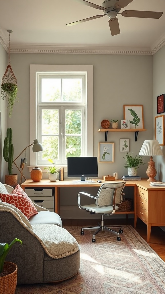 A cozy home office with whimsical accessories, featuring plants, colorful decor, and a comfortable chair.