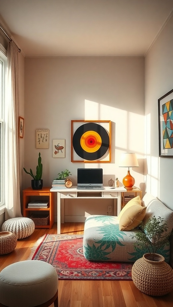 A cozy home office with colorful decor, a desk, and a relaxing seating area.