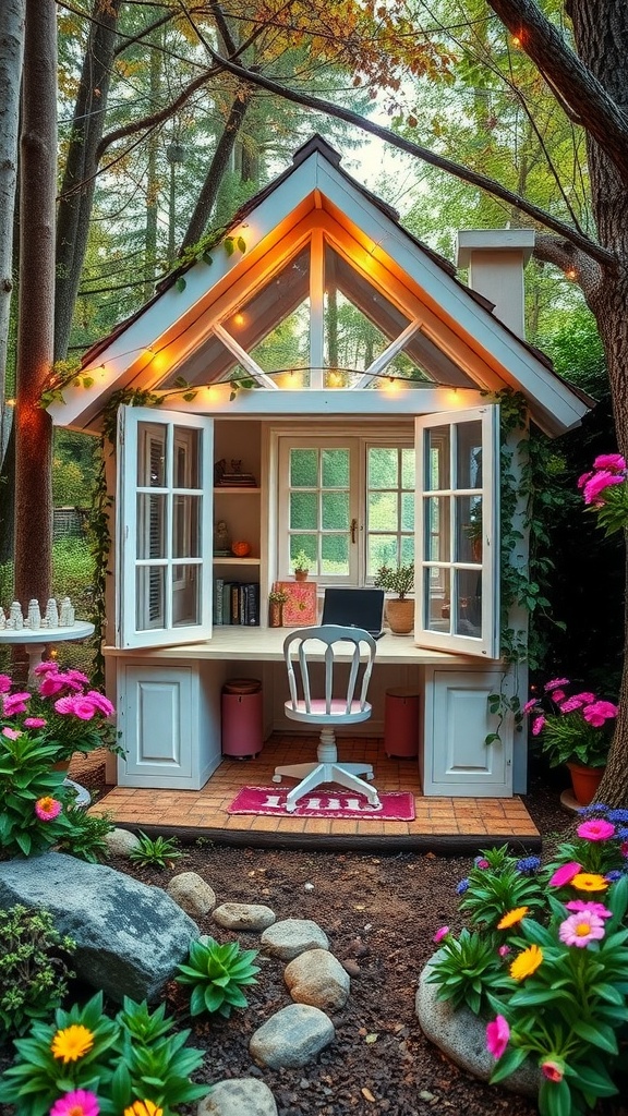 A whimsical outdoor office in a small summer house surrounded by flowers and greenery.