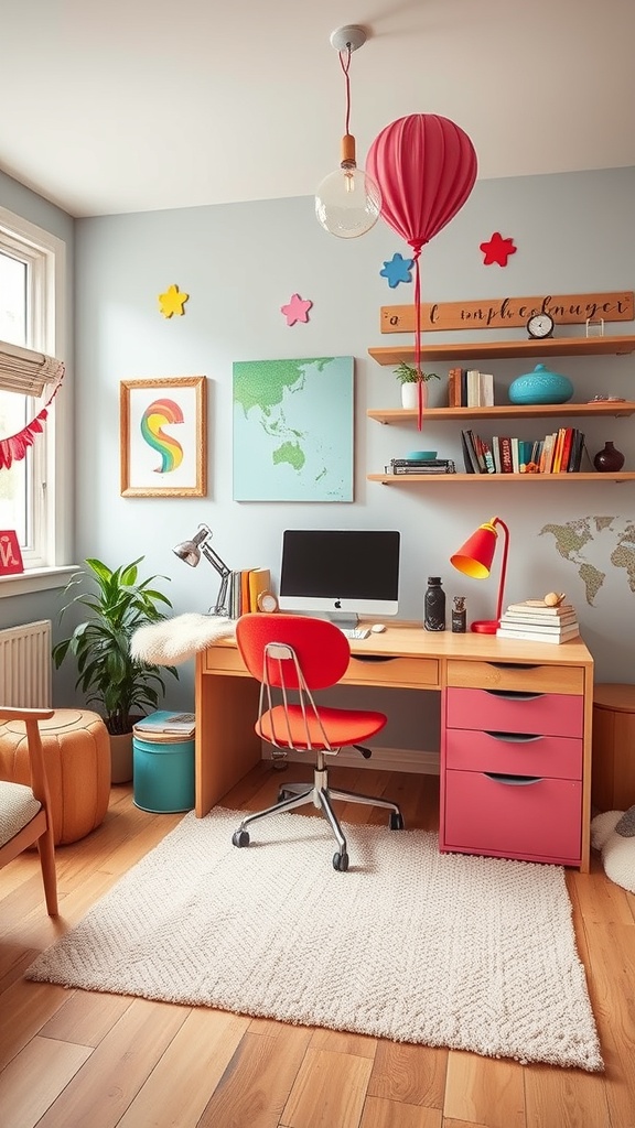 A whimsical home office with floral wallpaper, large windows, a wooden desk, and cozy seating.