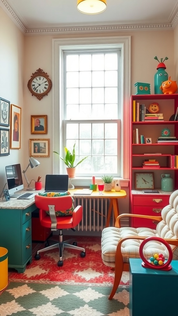 A colorful home office with playful design elements, featuring a teal wall, unique lighting, and natural decorations.