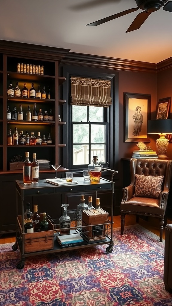 A whiskey and bourbon themed home office featuring a stylish desk, shelves filled with whiskey bottles, and warm lighting.