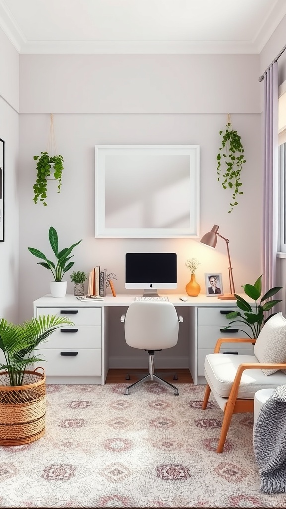 A stylish white and lavender home office featuring a white desk, computer, plants, and a cozy chair.
