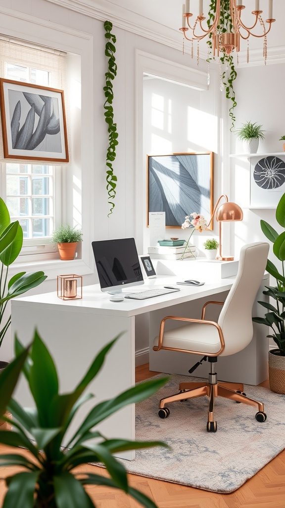 A stylish white and rose gold home office featuring a sleek desk, elegant chair, and decorative plants.