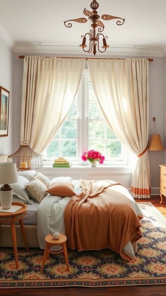 A cozy summer bedroom with soft curtains, a bed with warm blankets, and a bright window.