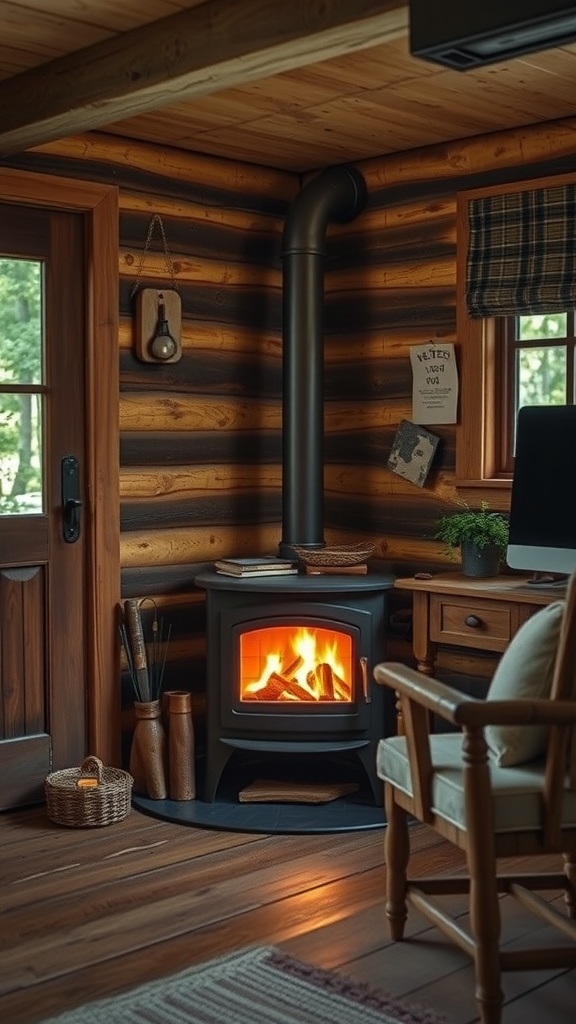 A cozy wood-burning stove in the corner of a rustic cabin home office, surrounded by wooden walls and a comfortable chair.