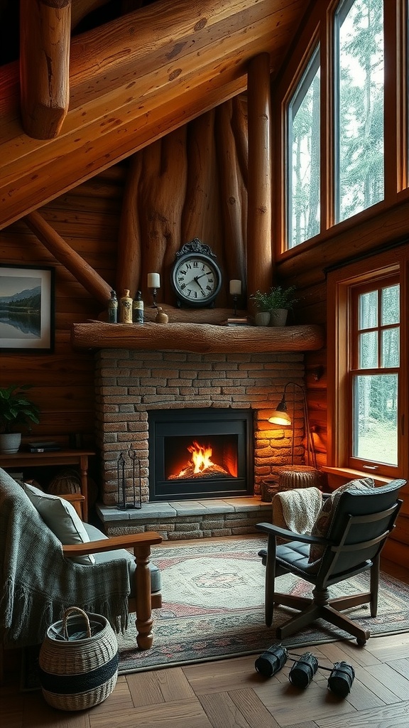 Cozy rustic cabin home office with wood paneling surrounding a modern fireplace